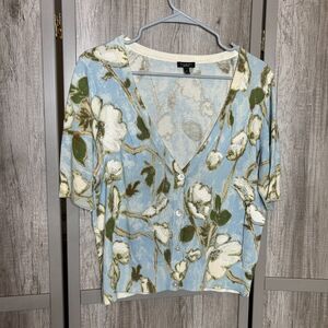 Talbots Cardigan Size M Floral Beaded Romantic Elegant Short Sleeve V Neck